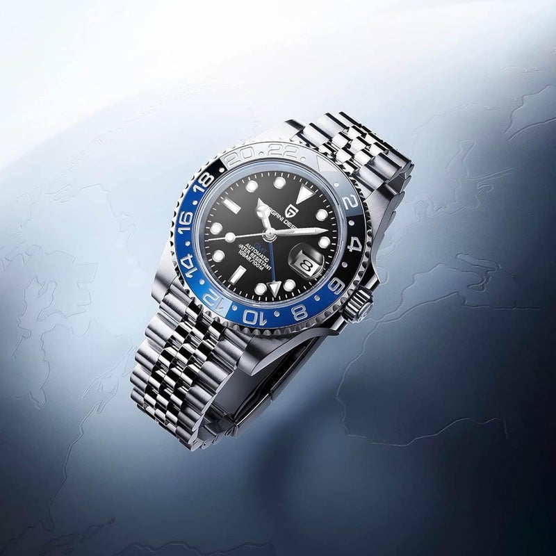 PAGANI DESIGN ساعة باجاني ديزاين GMT الأوتوماتيكية للرجال - 40MM تناظرية تاريخ، 100M مقاومة للماء ساعة ميكانيكية معصمية PD-1662 (أسود أزرق) - Image 3